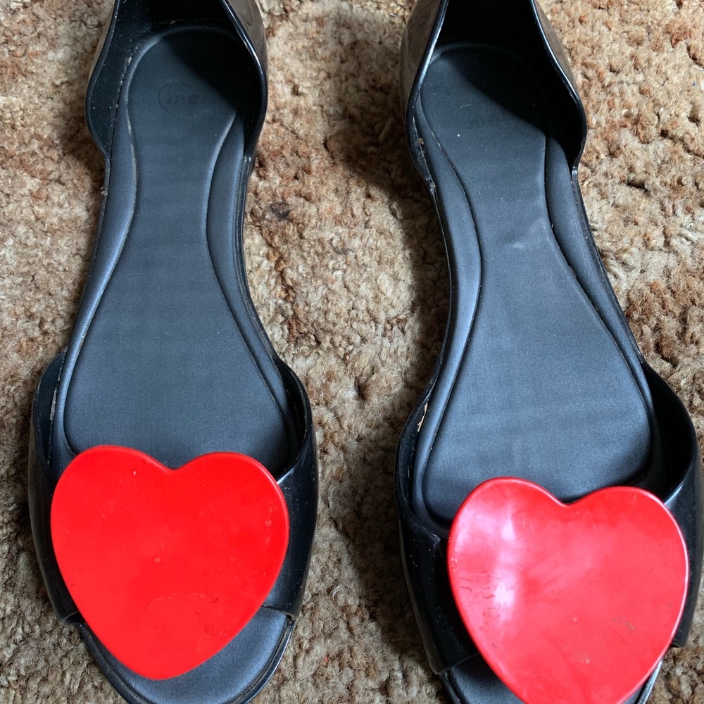MELISSA ❤ Black Ballet Flats ~ Red Hearts On Toes